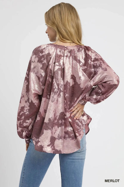 Umgee Metallic Fabric Blouse with Balloon Sleeves - VILLA FASHION