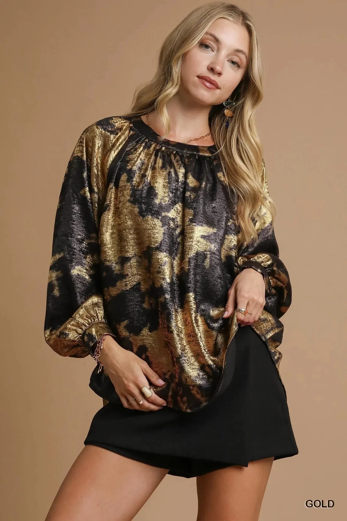 Umgee Metallic Fabric Blouse with Balloon Sleeves - VILLA FASHION