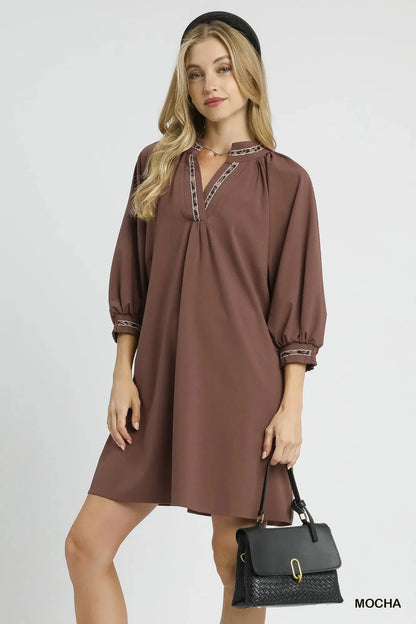 Umgee Notched Shift Dress with Trim Detail - VILLA FASHION