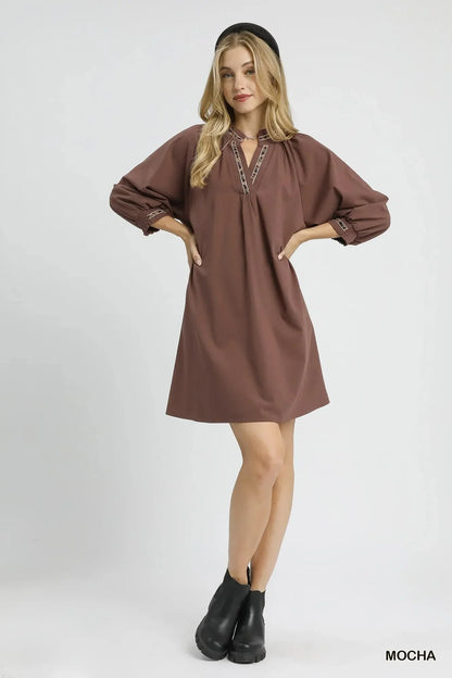 Umgee Notched Shift Dress with Trim Detail - VILLA FASHION
