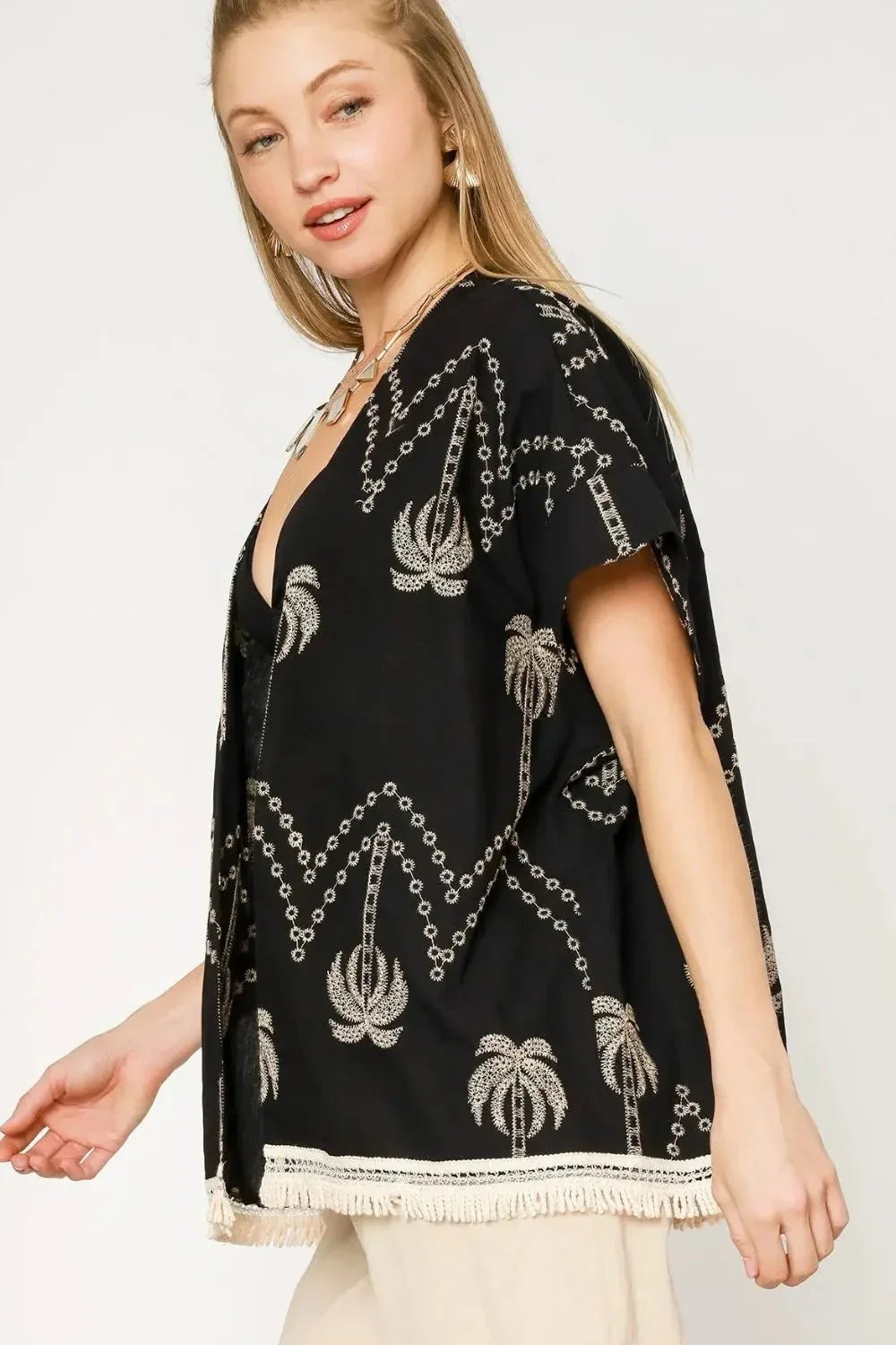 Umgee Open Front Embroidered Fringe Kimono - VILLA FASHION