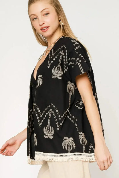 Umgee Open Front Embroidered Fringe Kimono - VILLA FASHION