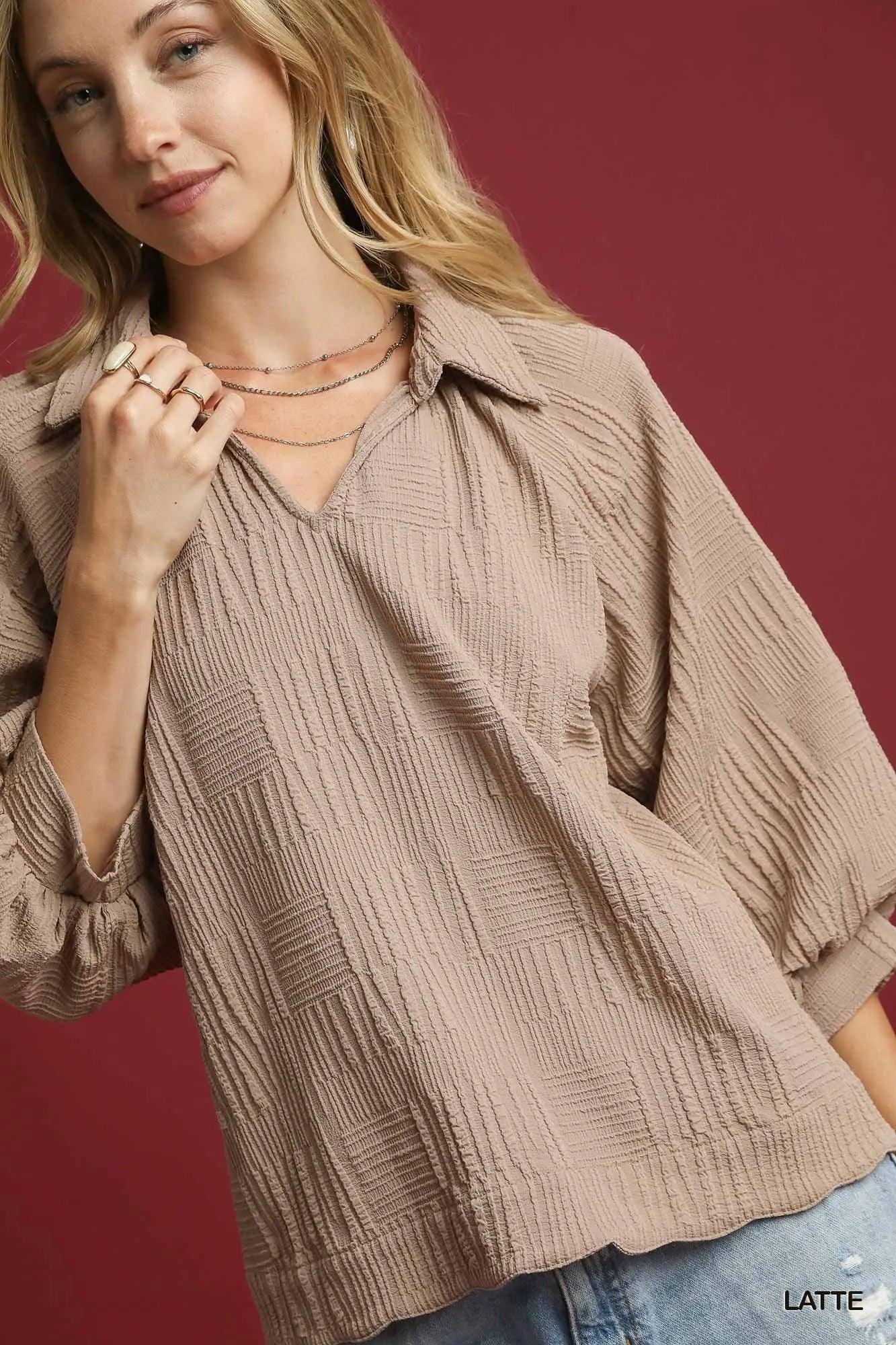 Umgee Oversized Balloon Sleeve Textured Blouse - VILLA FASHION