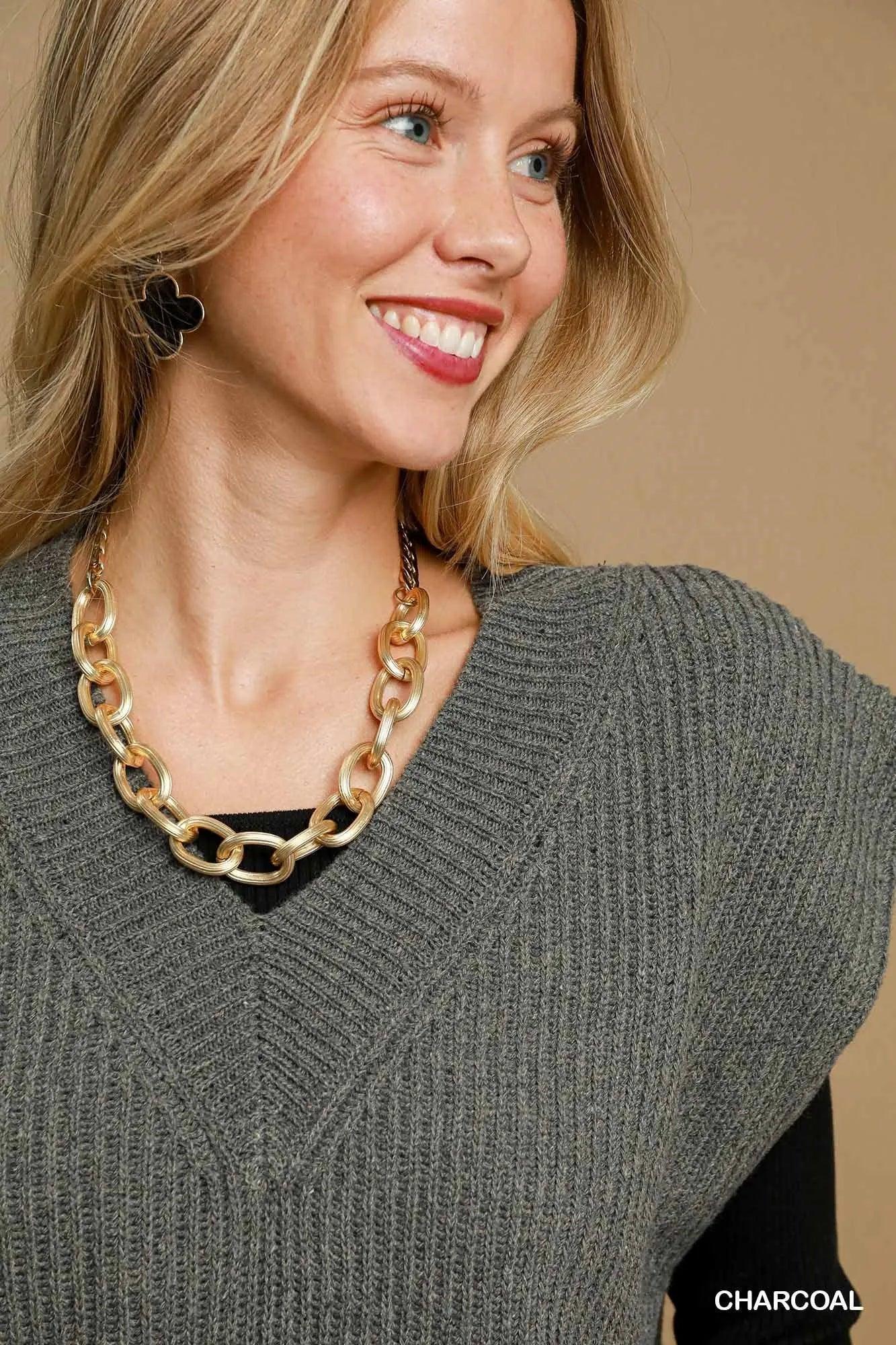 Umgee Oversized V Neck Ribbed Sweater Vest - VILLA FASHION