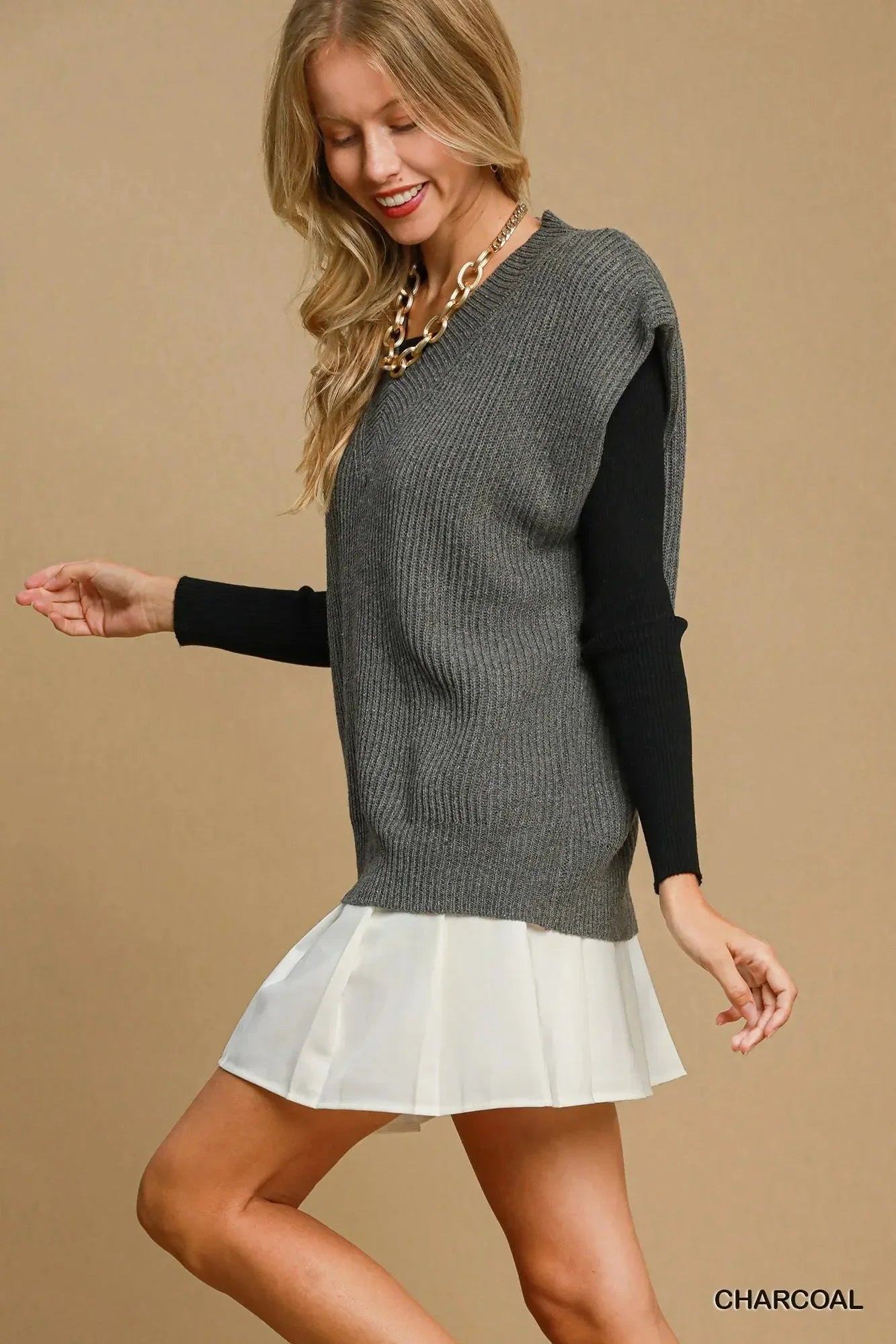 Umgee Oversized V Neck Ribbed Sweater Vest - VILLA FASHION