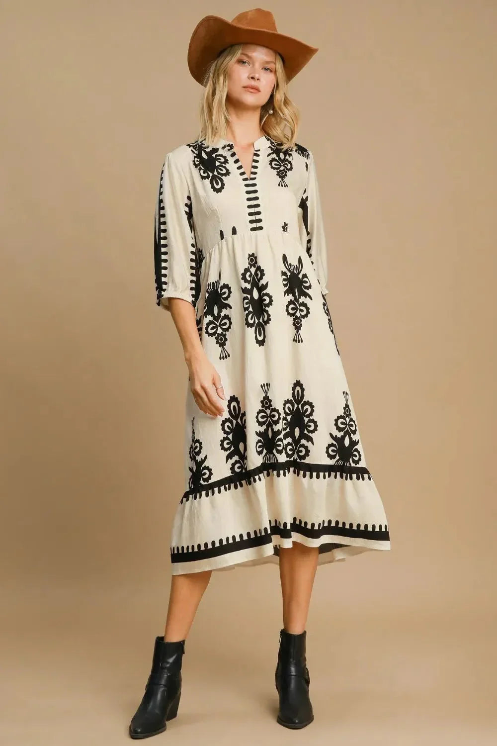 Umgee Printed Notched Midi Dress - VILLA FASHION