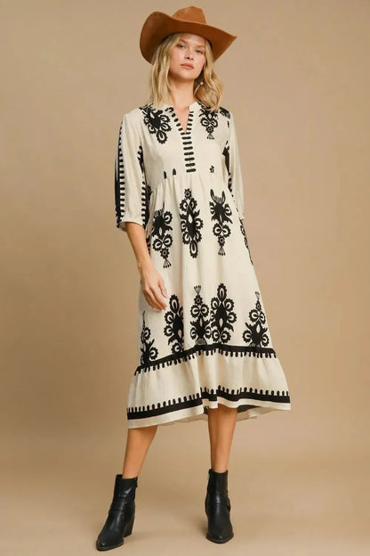 Umgee Printed Notched Midi Dress - VILLA FASHION