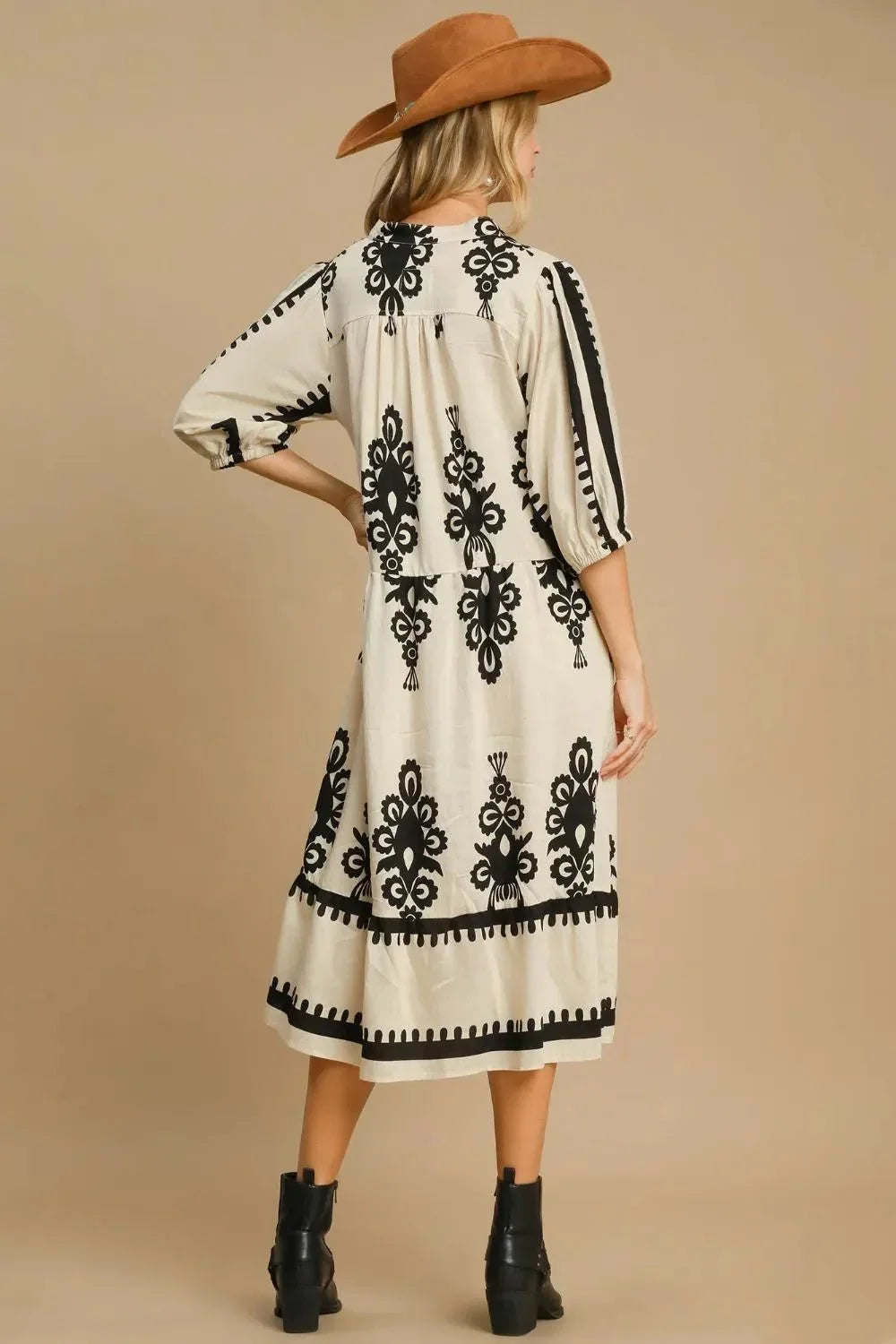 Umgee Printed Notched Midi Dress - VILLA FASHION