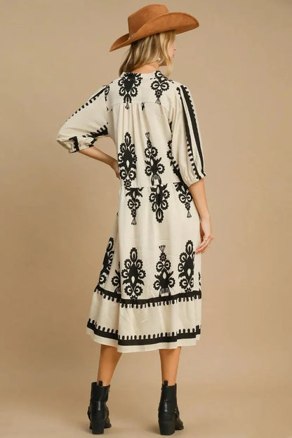 Umgee Printed Notched Midi Dress - VILLA FASHION