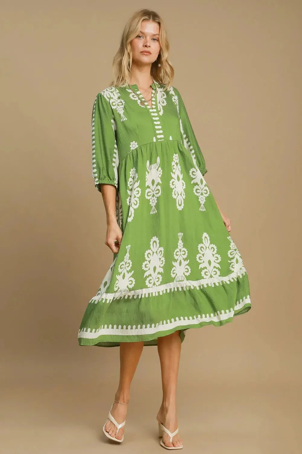 Umgee Printed Notched Midi Dress - VILLA FASHION