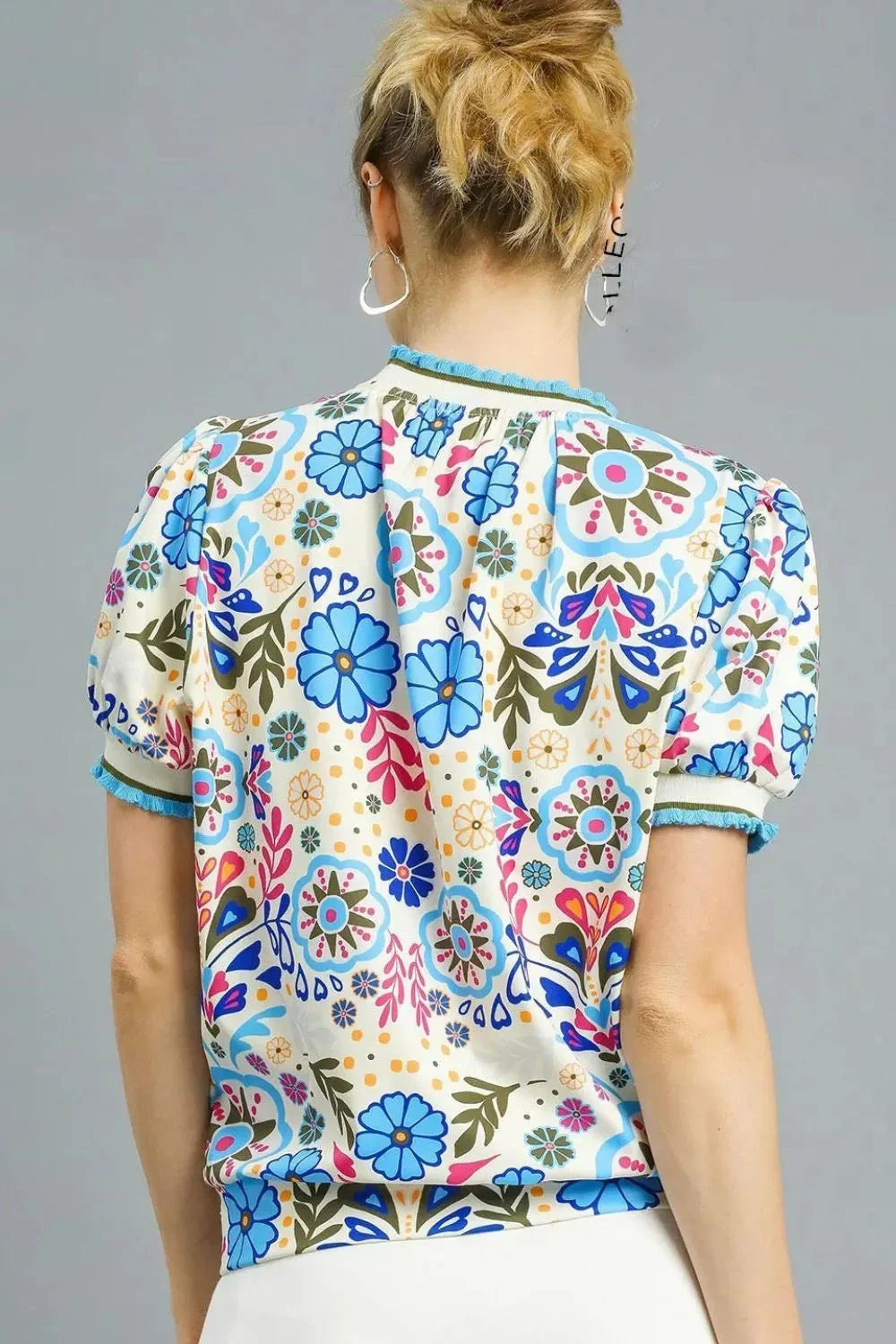 Umgee Retro Floral Puff Sleeve Top - VILLA FASHION