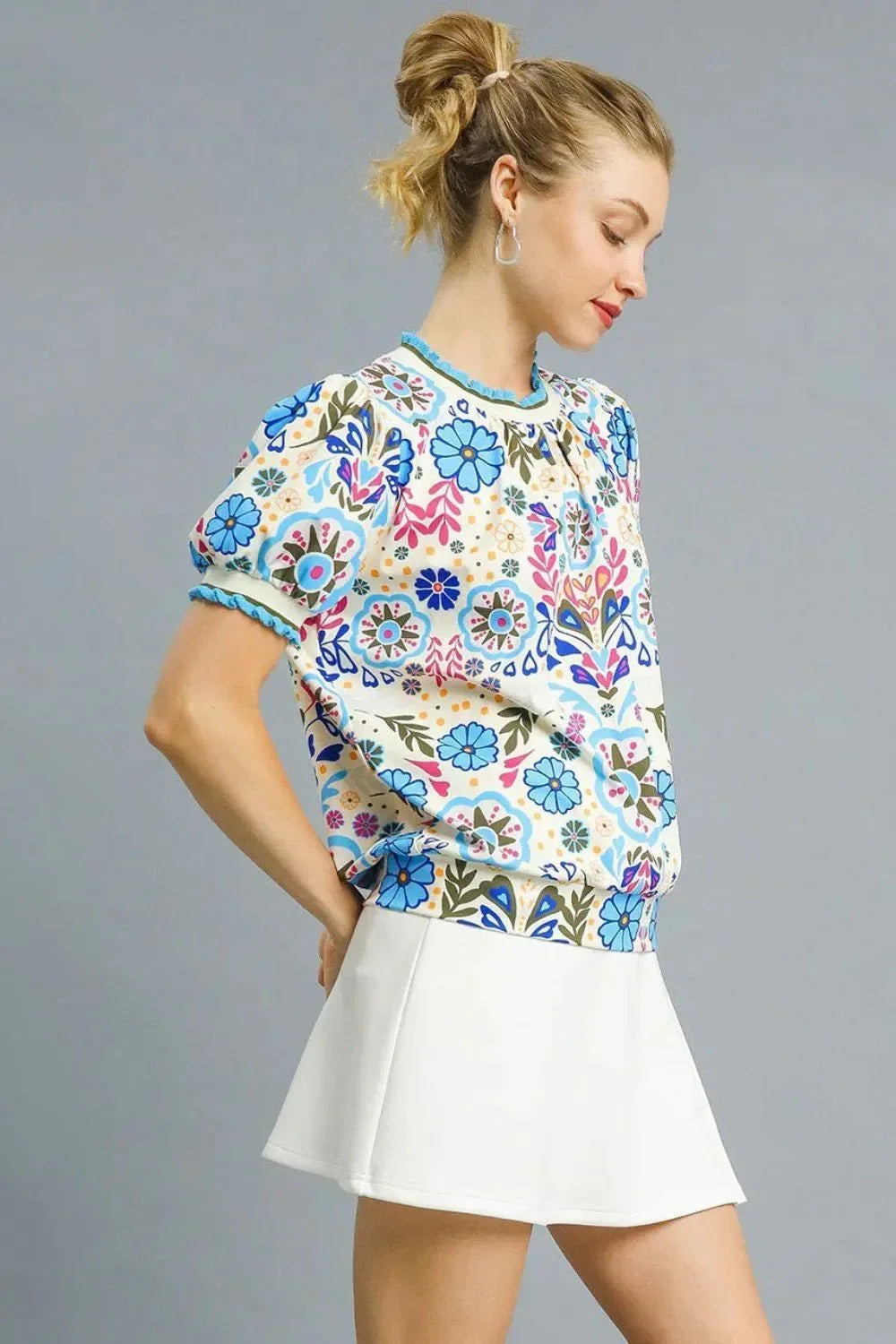 Umgee Retro Floral Puff Sleeve Top - VILLA FASHION