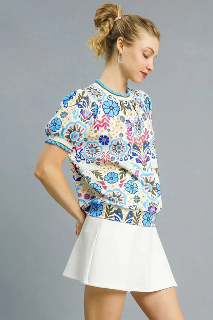 Umgee Retro Floral Puff Sleeve Top - VILLA FASHION