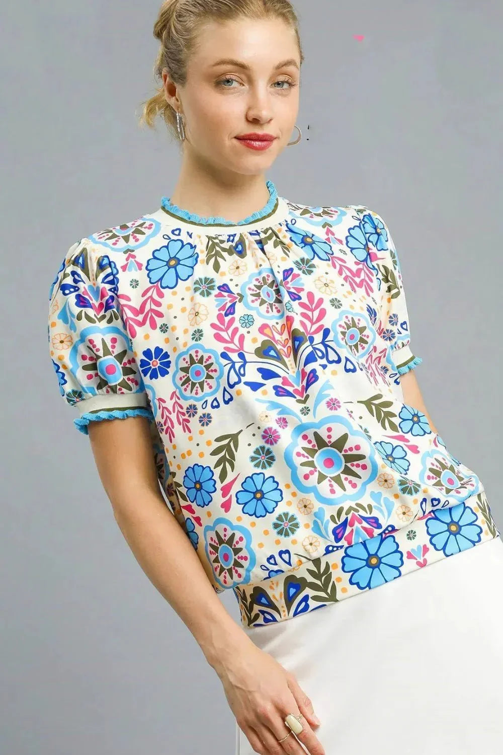 Umgee Retro Floral Puff Sleeve Top - VILLA FASHION
