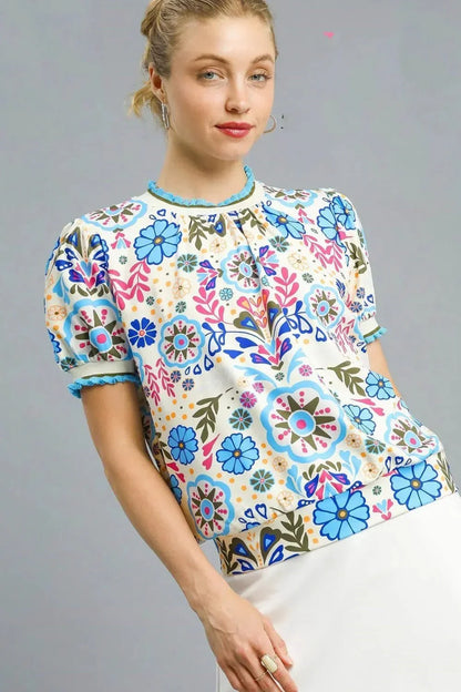 Umgee Retro Floral Puff Sleeve Top - VILLA FASHION