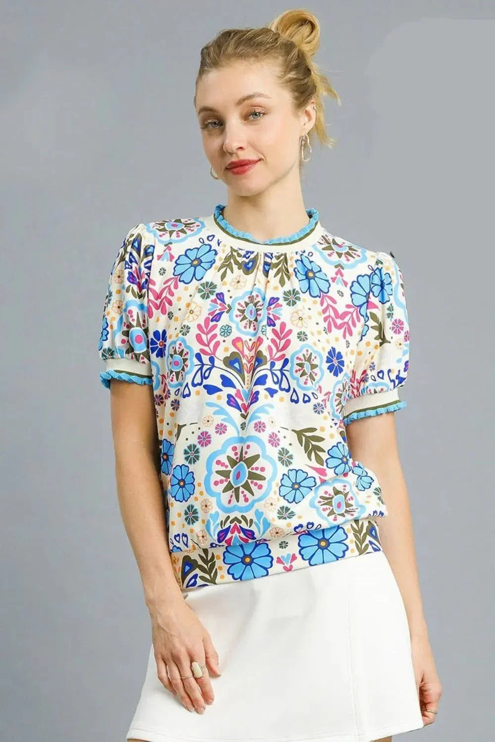Umgee Retro Floral Puff Sleeve Top - VILLA FASHION
