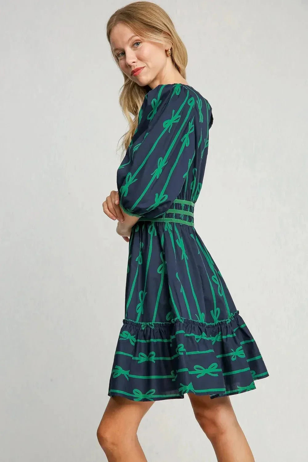 Umgee Ribbon Print Frill Contrast Velvet Trim Half Sleeve Dress - VILLA FASHION