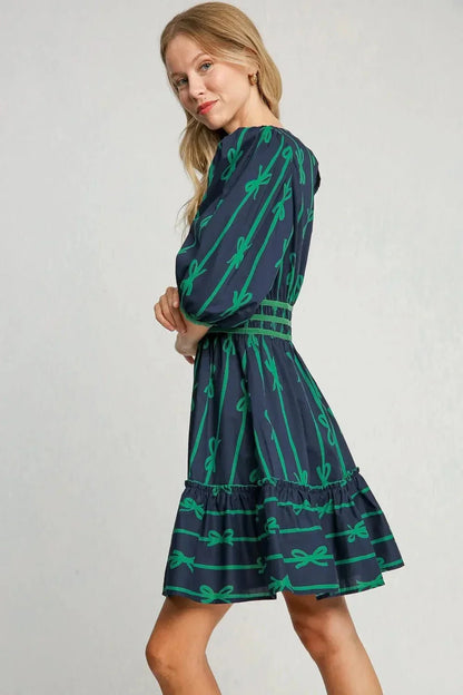 Umgee Ribbon Print Frill Contrast Velvet Trim Half Sleeve Dress - VILLA FASHION