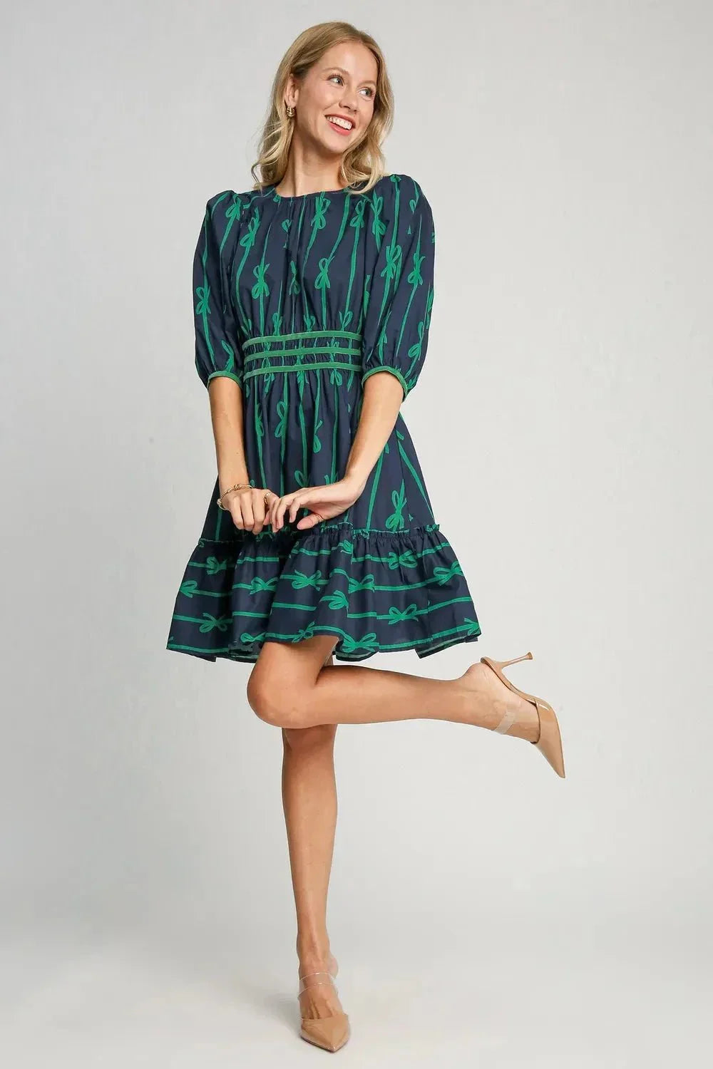 Umgee Ribbon Print Frill Contrast Velvet Trim Half Sleeve Dress - VILLA FASHION
