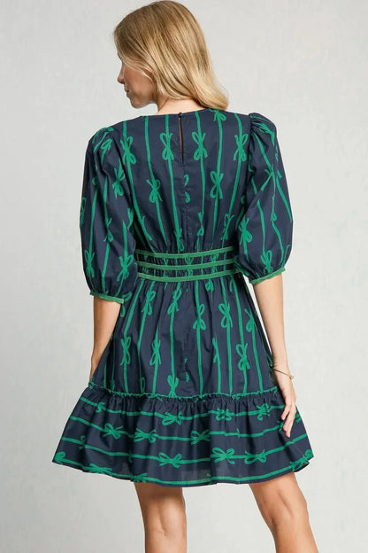 Umgee Ribbon Print Frill Contrast Velvet Trim Half Sleeve Dress - VILLA FASHION
