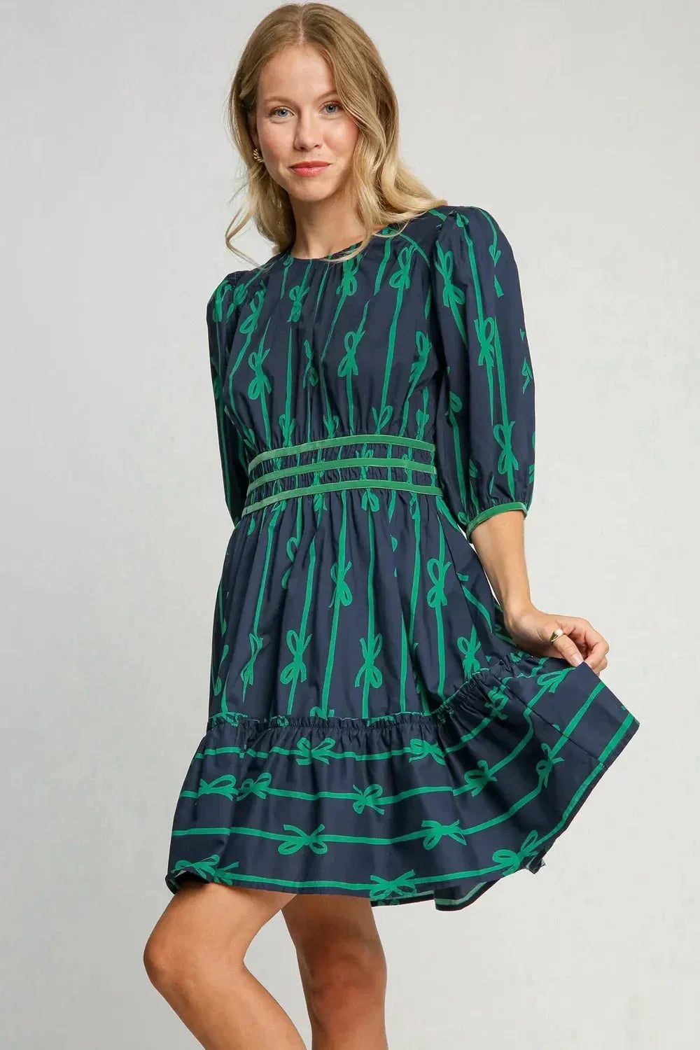 Umgee Ribbon Print Frill Contrast Velvet Trim Half Sleeve Dress - VILLA FASHION