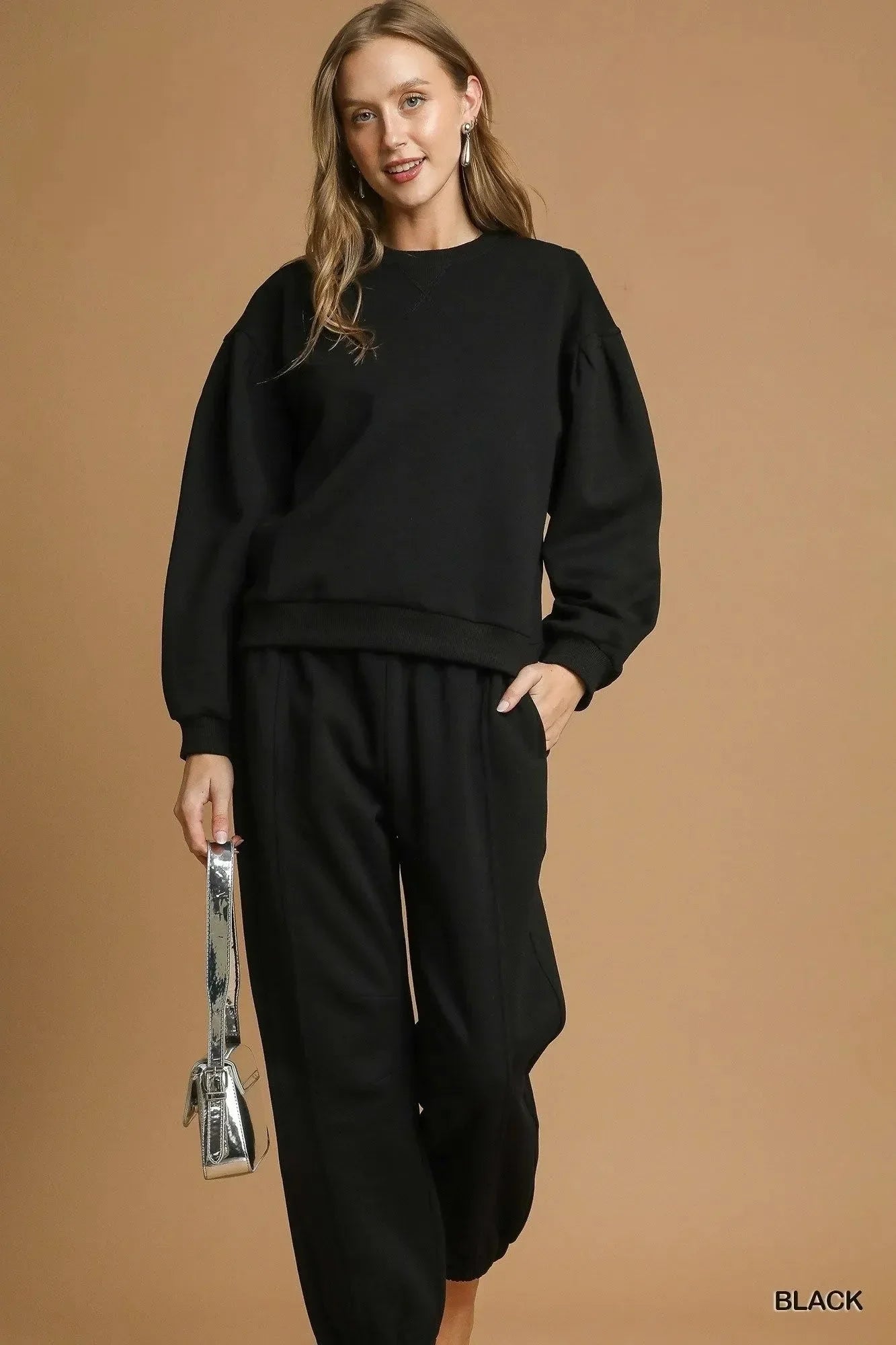 Umgee Round Neck Sweatshirt with Pleated Detail - VILLA FASHION