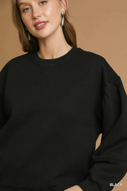 Umgee Round Neck Sweatshirt with Pleated Detail - VILLA FASHION
