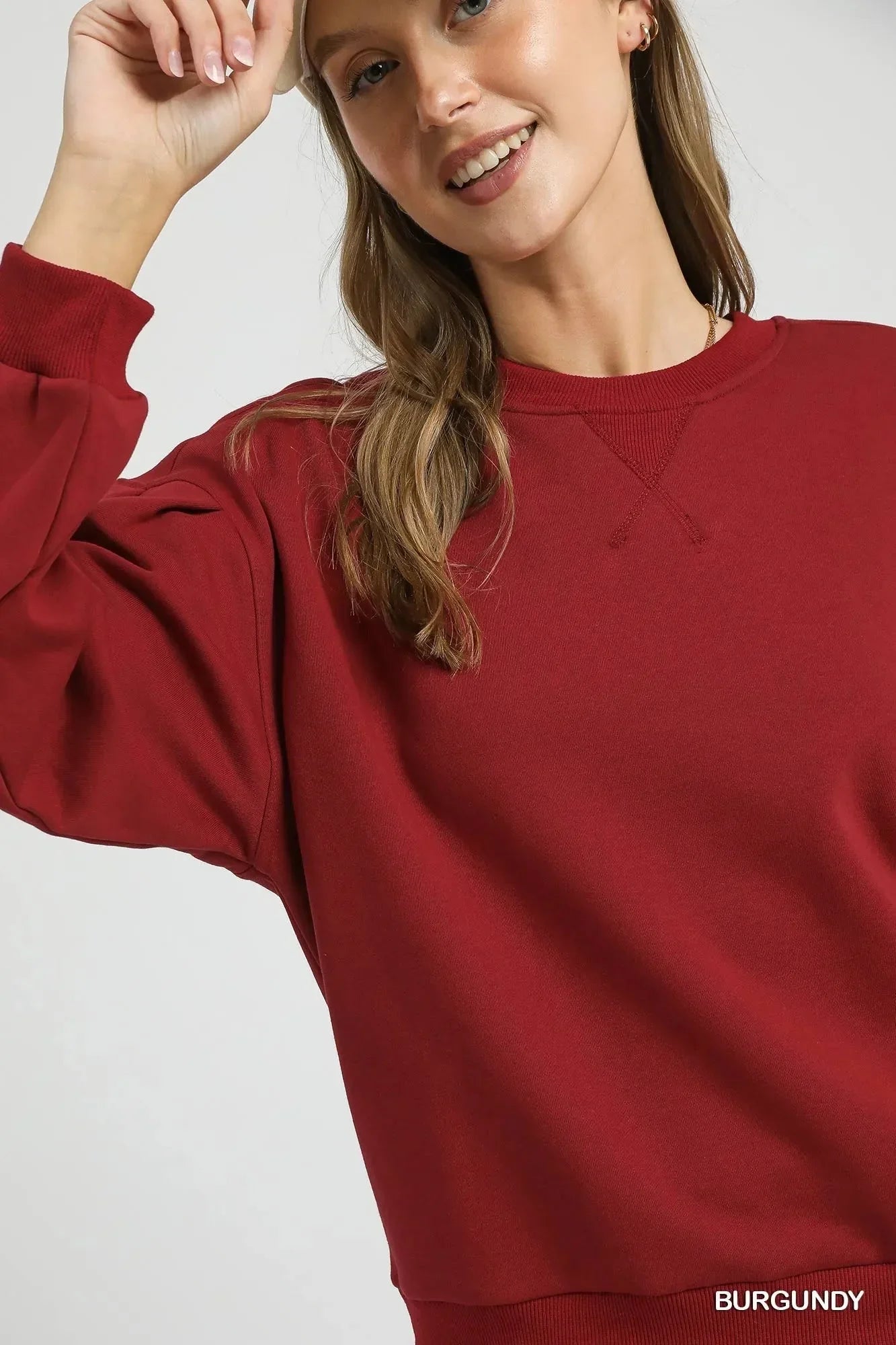 Umgee Round Neck Sweatshirt with Pleated Detail - VILLA FASHION
