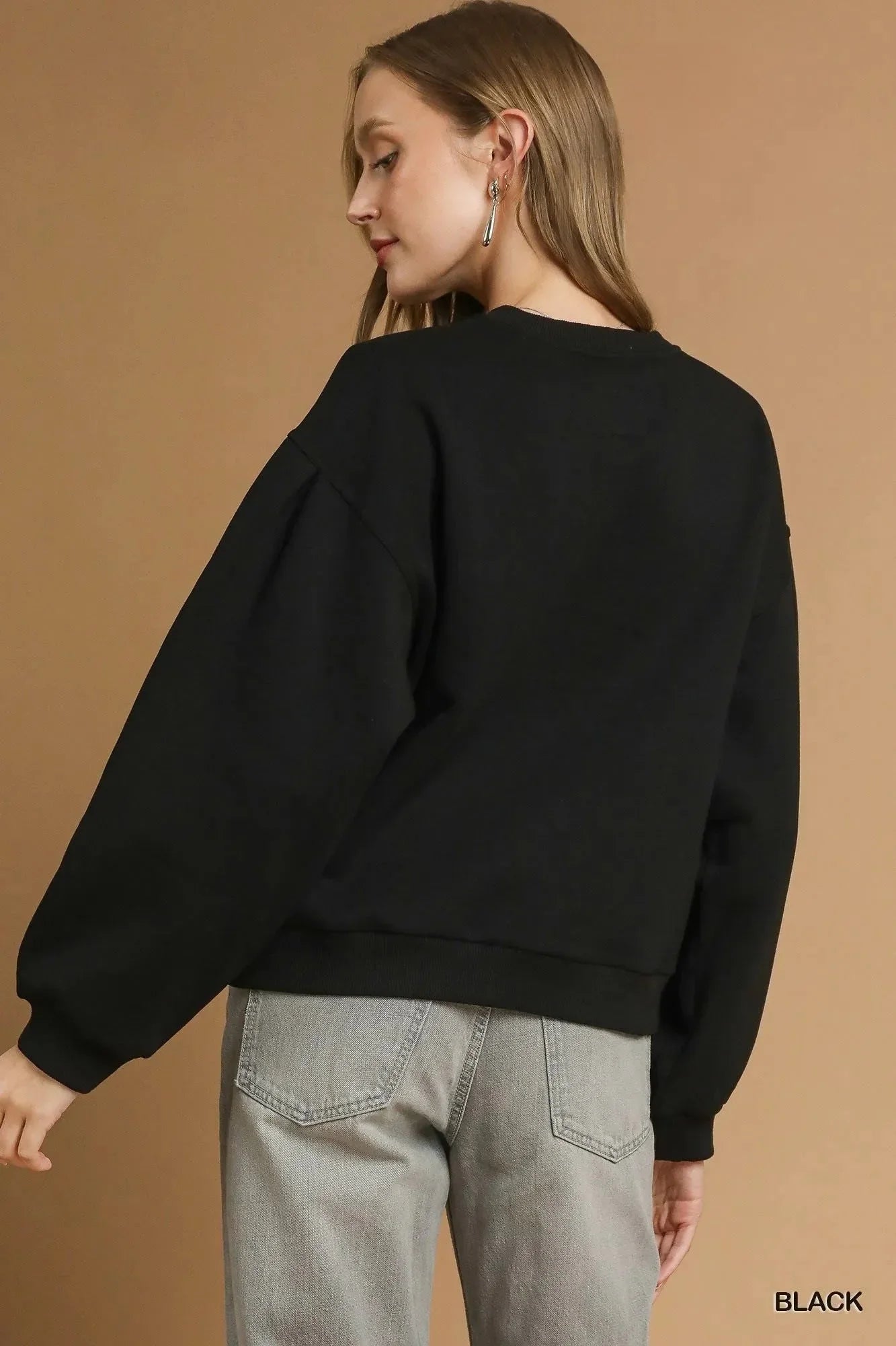 Umgee Round Neck Sweatshirt with Pleated Detail - VILLA FASHION
