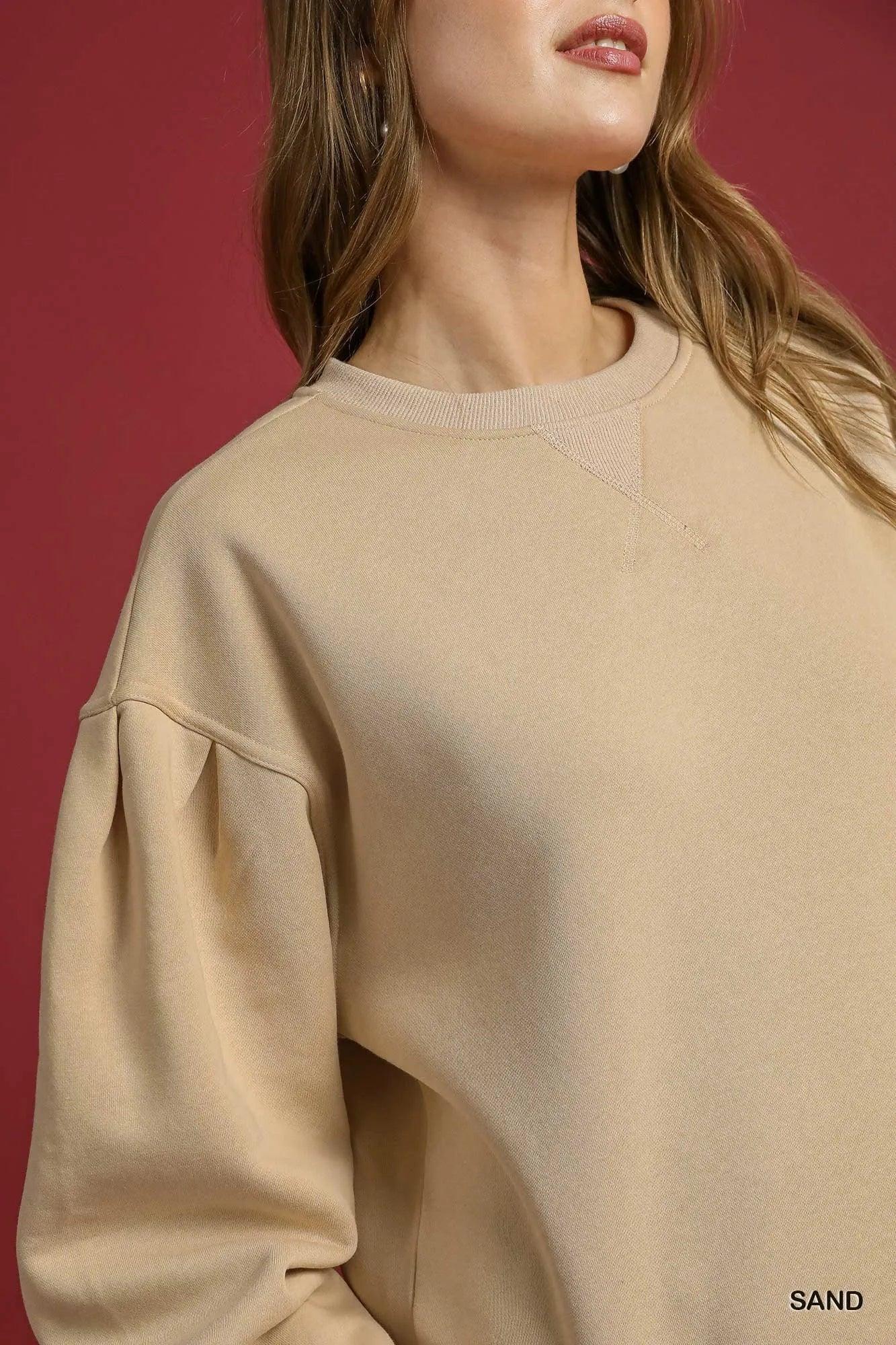 Umgee Round Neck Sweatshirt with Pleated Detail - VILLA FASHION