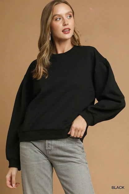 Umgee Round Neck Sweatshirt with Pleated Detail - VILLA FASHION