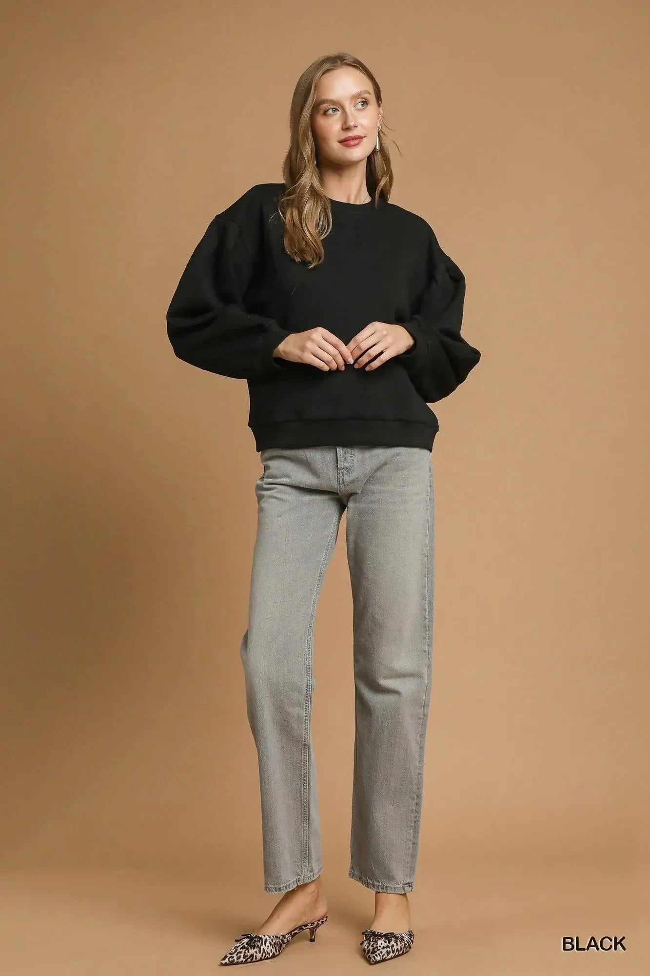 Umgee Round Neck Sweatshirt with Pleated Detail - VILLA FASHION