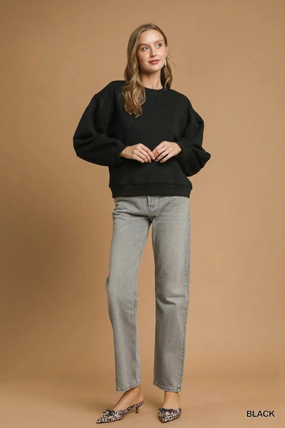 Umgee Round Neck Sweatshirt with Pleated Detail - VILLA FASHION