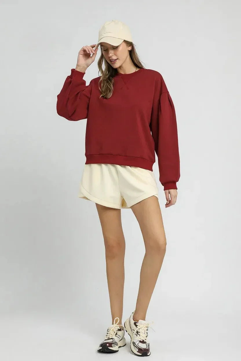 Umgee Round Neck Sweatshirt with Pleated Detail - VILLA FASHION