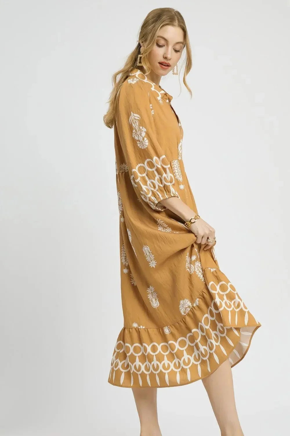 Umgee Ruffled Hem Printed Johnny Collar Midi Dress - VILLA FASHION