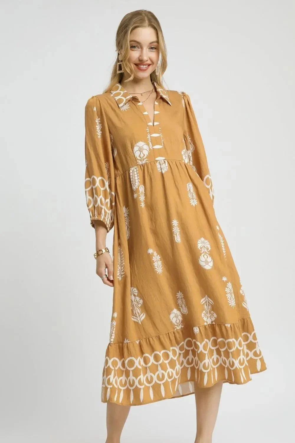 Umgee Ruffled Hem Printed Johnny Collar Midi Dress - VILLA FASHION