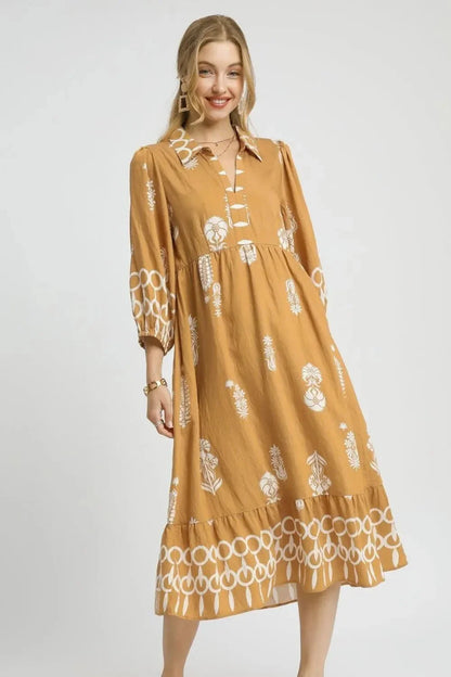 Umgee Ruffled Hem Printed Johnny Collar Midi Dress - VILLA FASHION