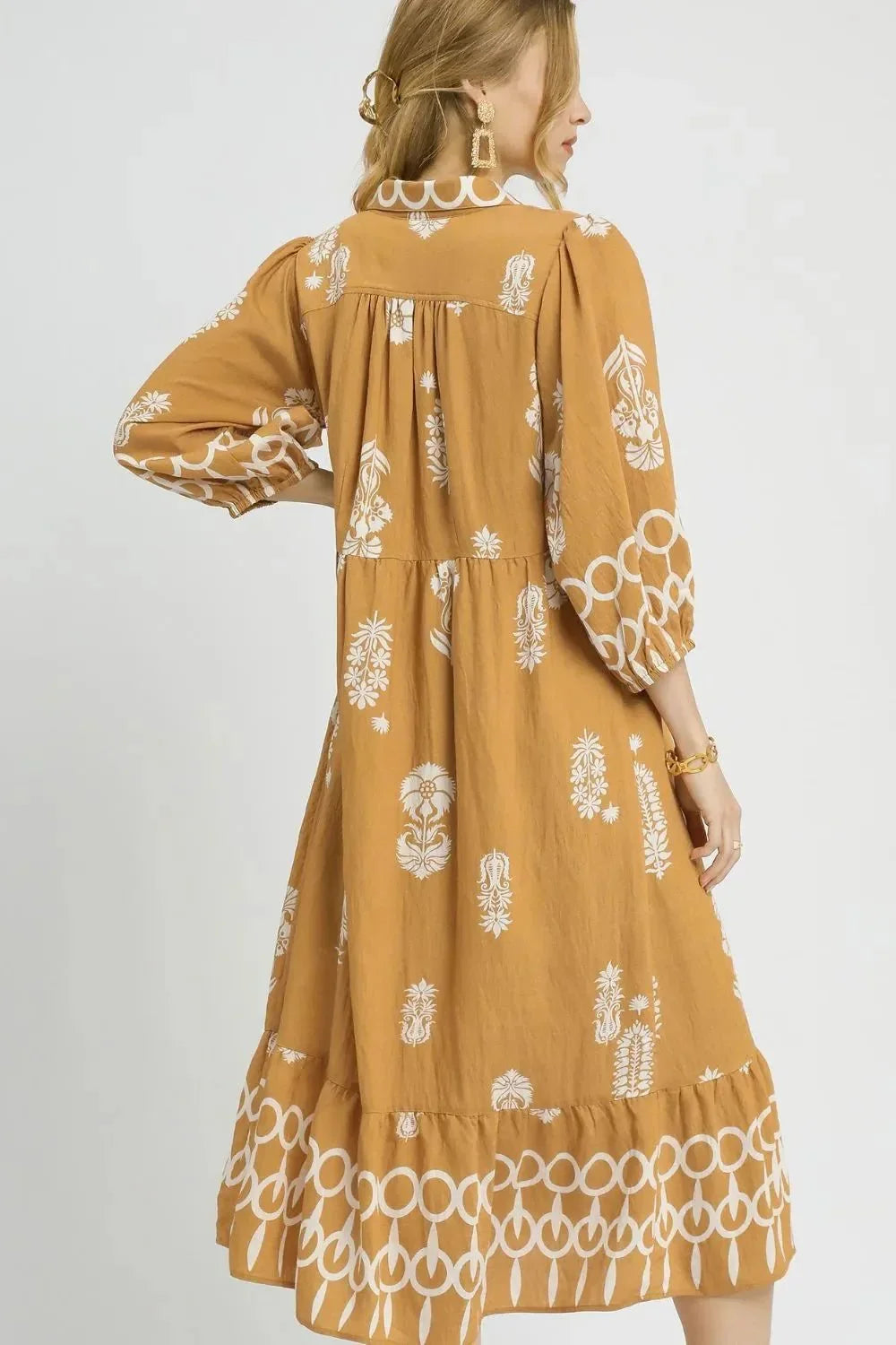 Umgee Ruffled Hem Printed Johnny Collar Midi Dress - VILLA FASHION