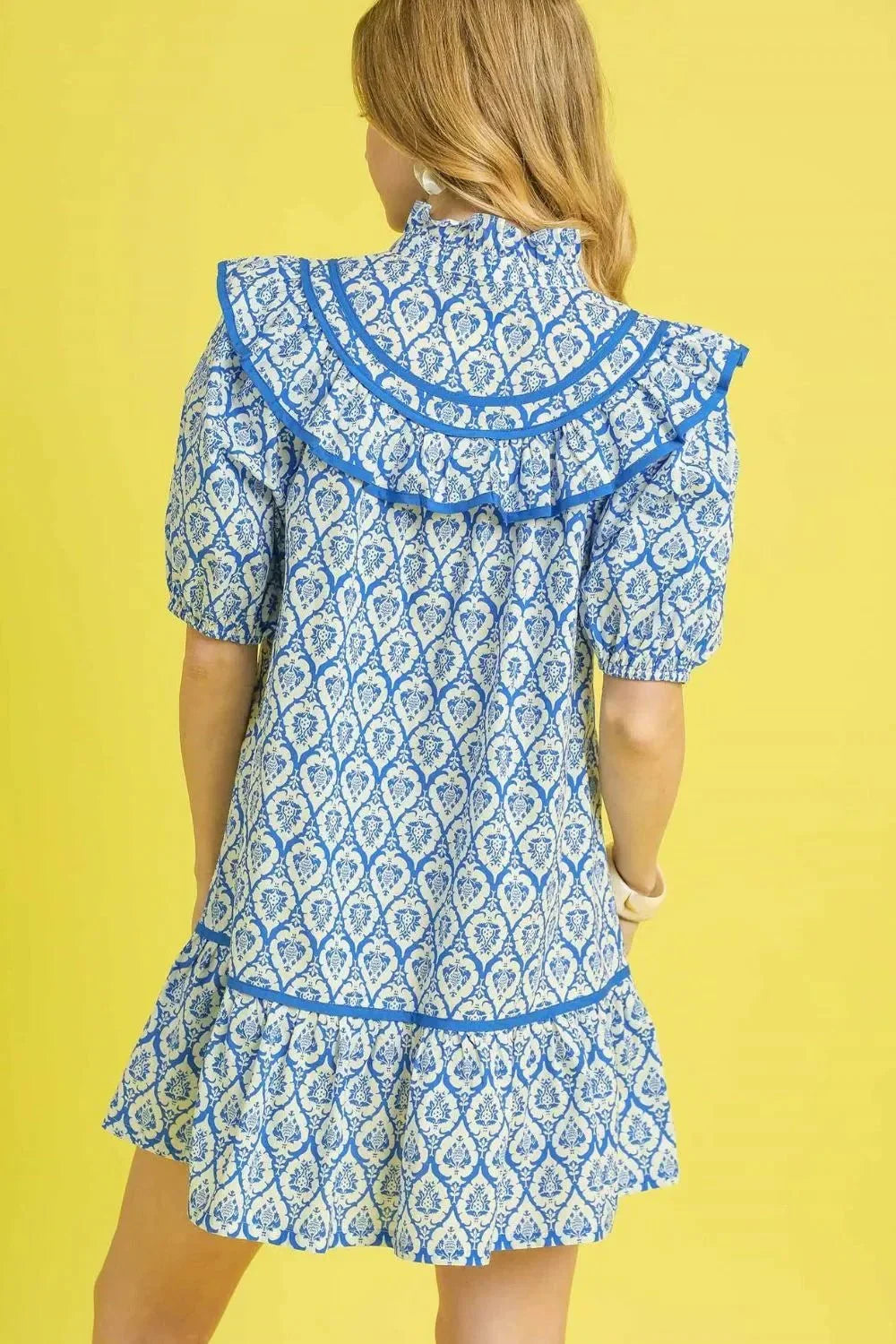 Umgee Ruffled Printed Puff Sleeve Mini Dress - VILLA FASHION