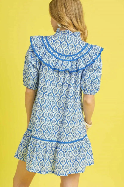 Umgee Ruffled Printed Puff Sleeve Mini Dress - VILLA FASHION
