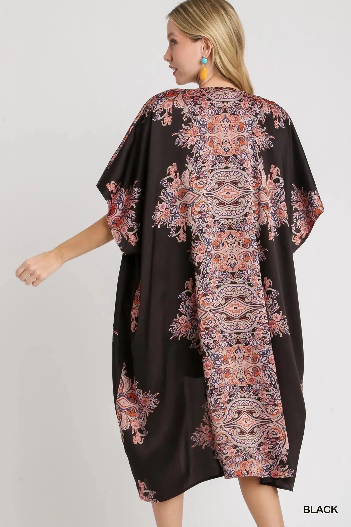 Umgee Satin Border Print Short Sleeve Open Front Kimono - VILLA FASHION