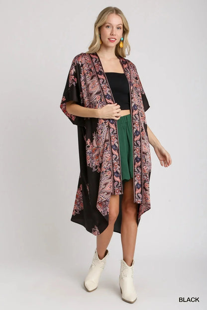 Umgee Satin Border Print Short Sleeve Open Front Kimono - VILLA FASHION