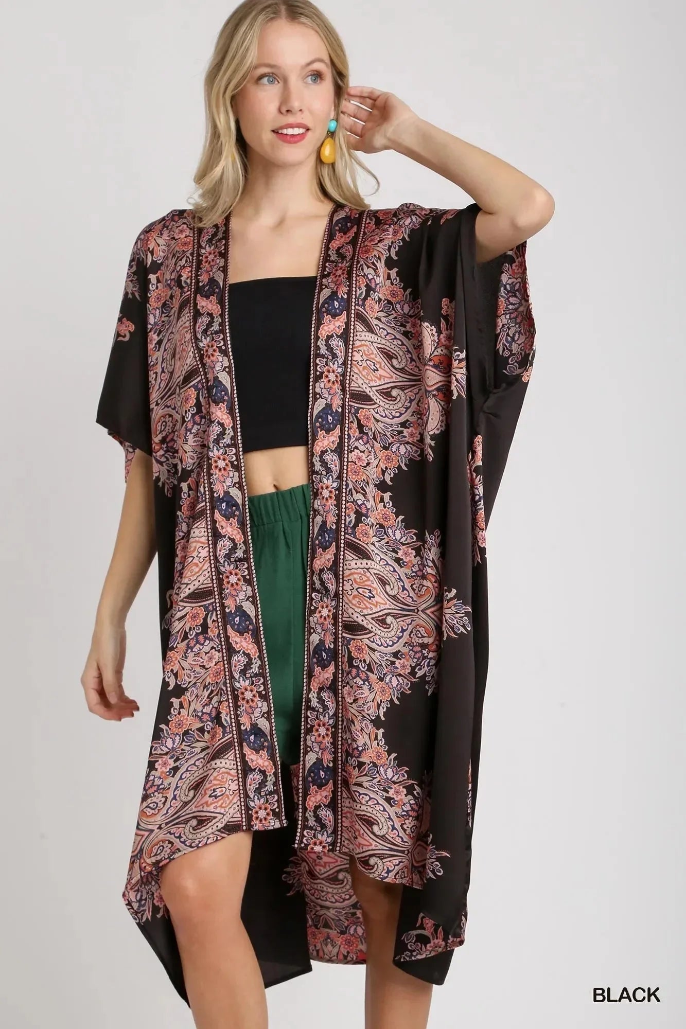 Umgee Satin Border Print Short Sleeve Open Front Kimono - VILLA FASHION