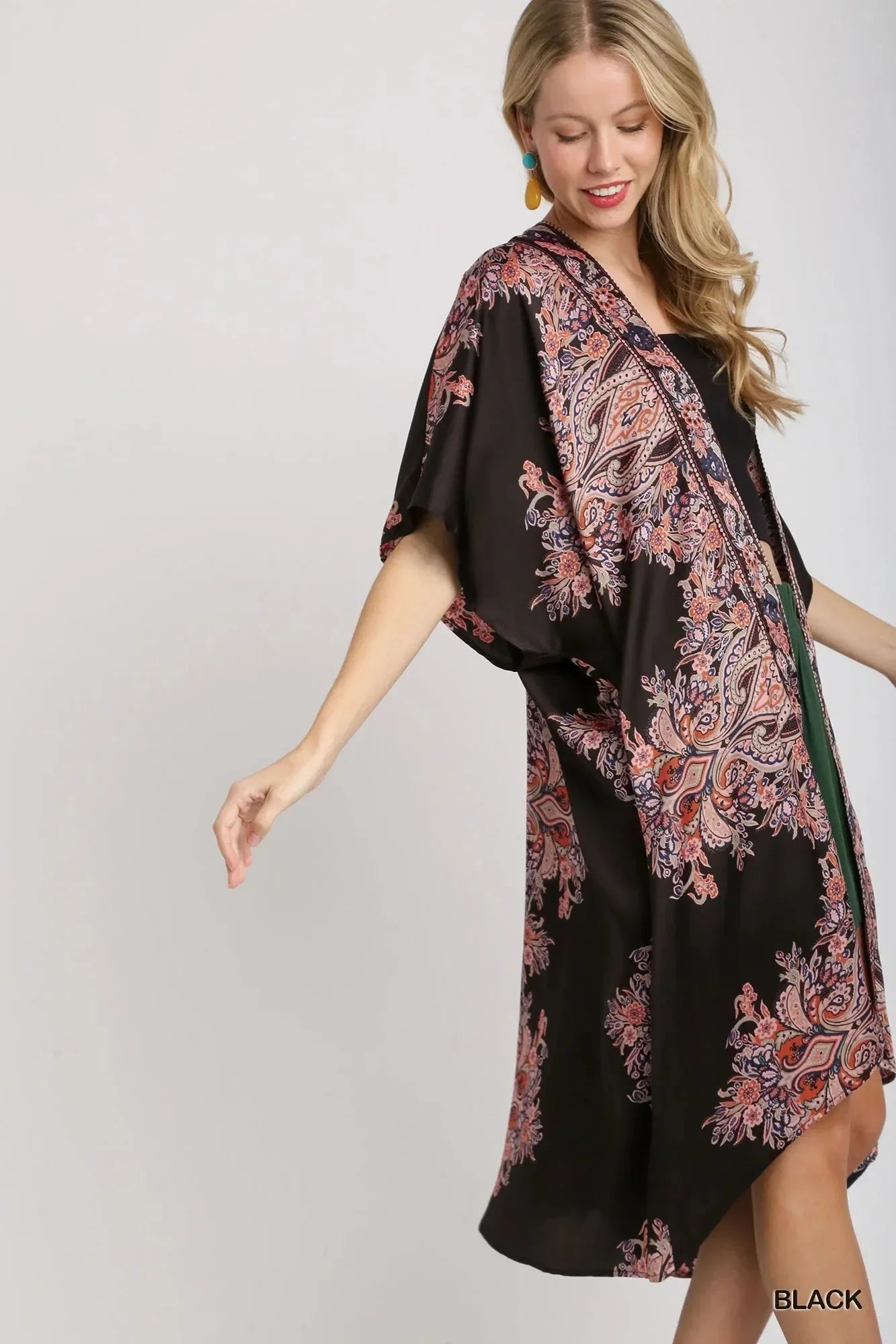 Umgee Satin Border Print Short Sleeve Open Front Kimono - VILLA FASHION