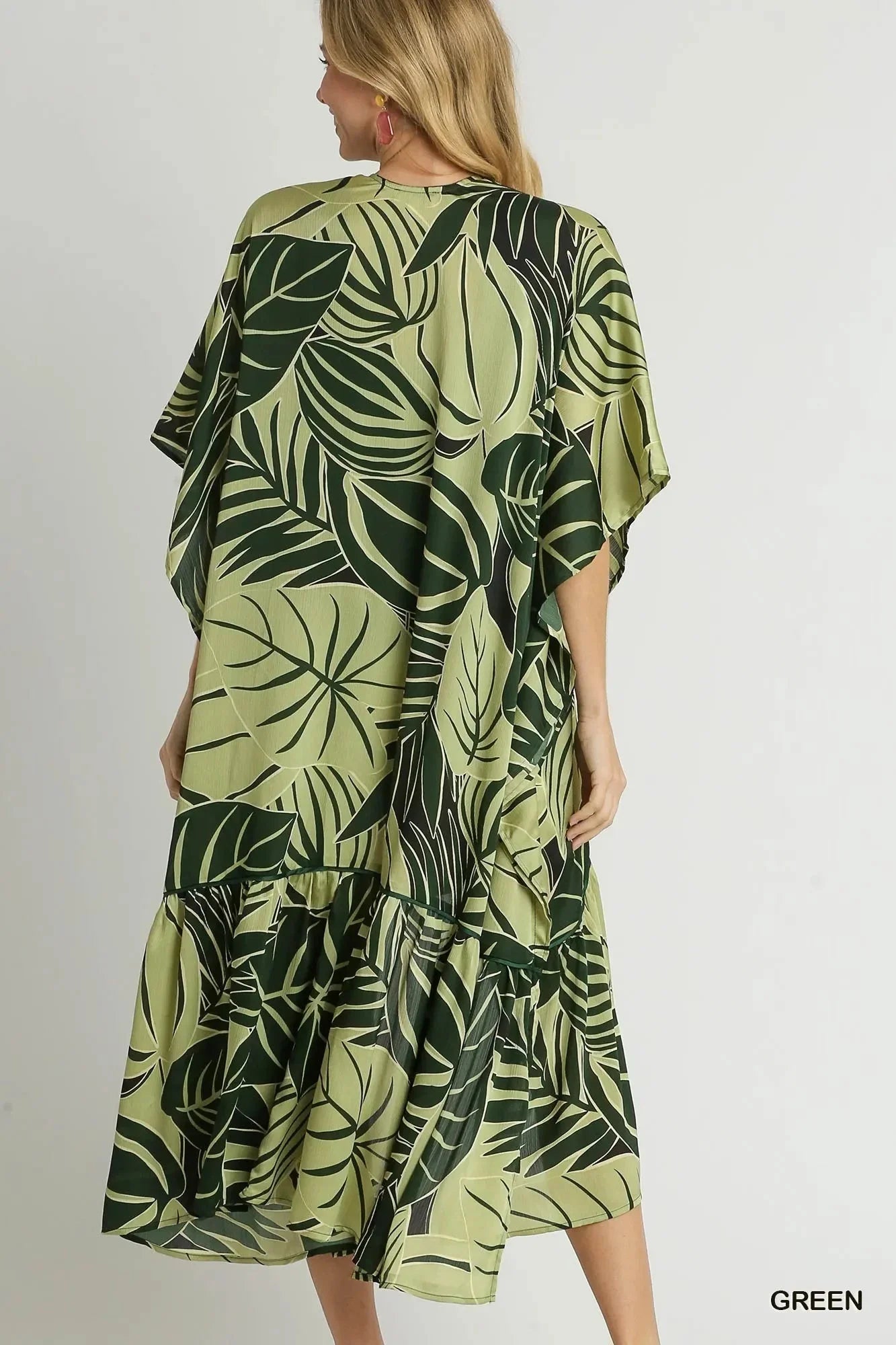 Umgee Satin Tropical Plant Print Open Front Kimono with Ruffle Details - VILLA FASHION