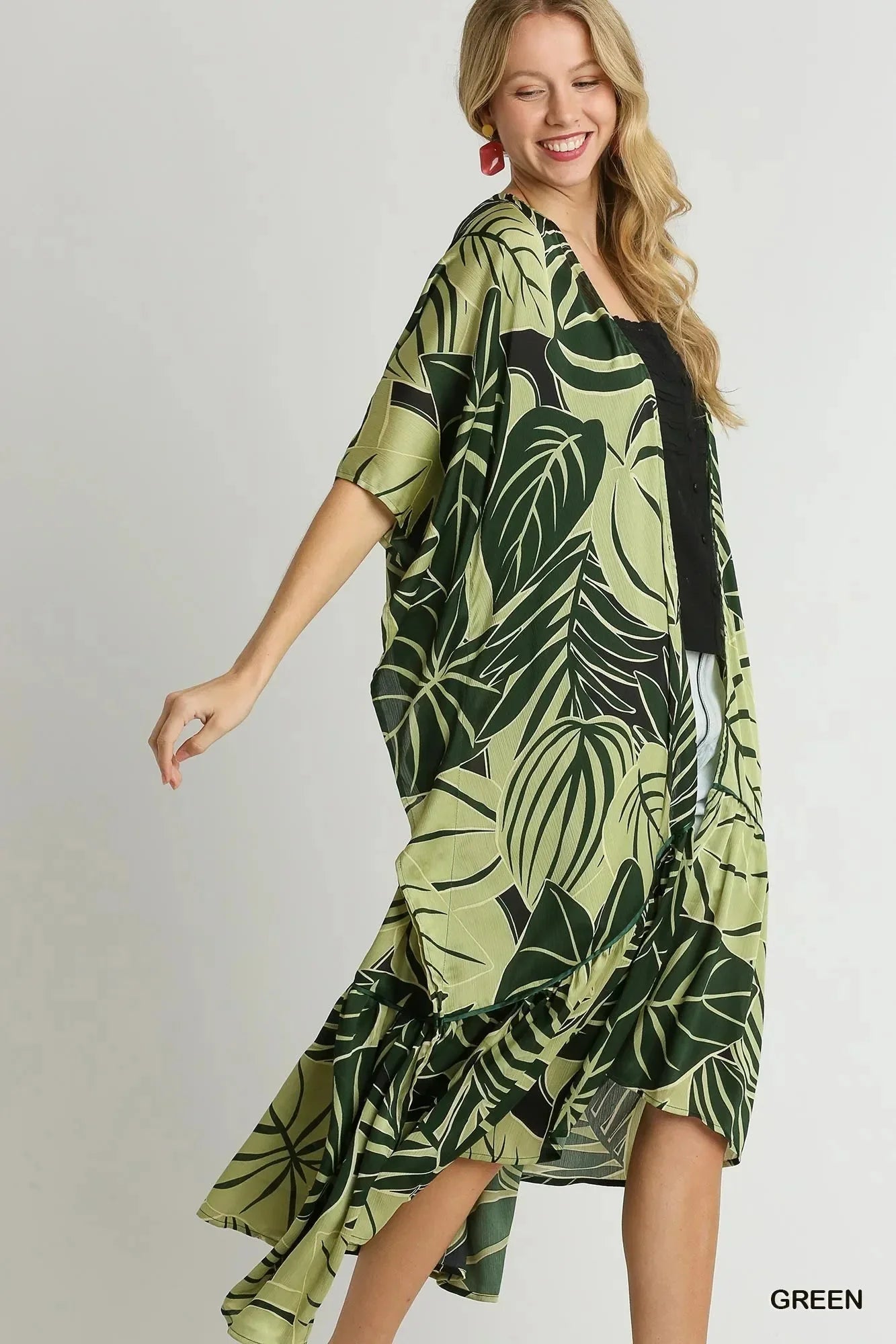 Umgee Satin Tropical Plant Print Open Front Kimono with Ruffle Details - VILLA FASHION