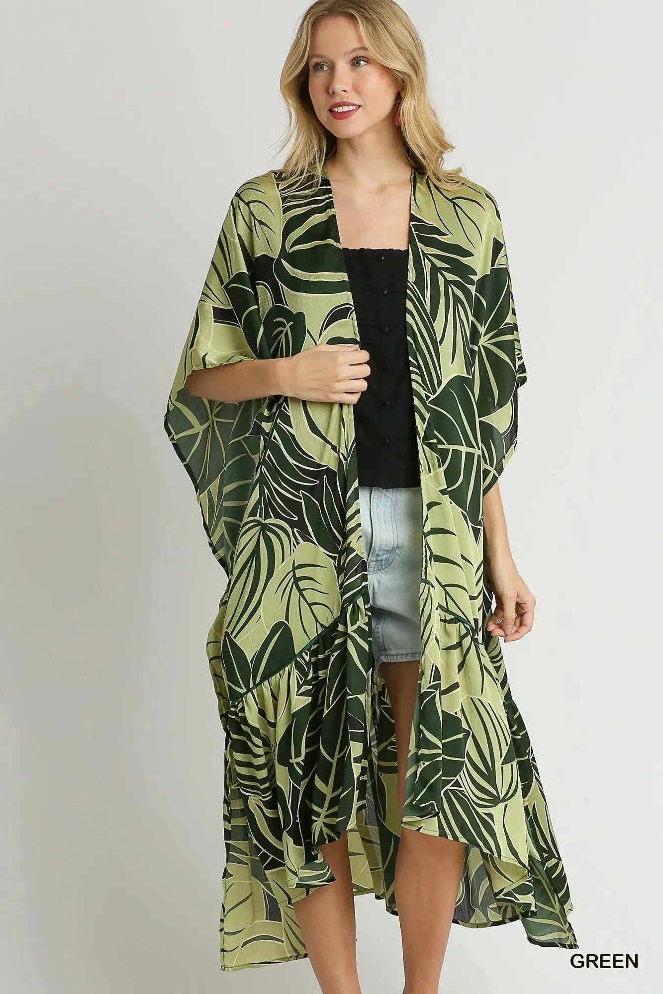 Umgee Satin Tropical Plant Print Open Front Kimono with Ruffle Details - VILLA FASHION