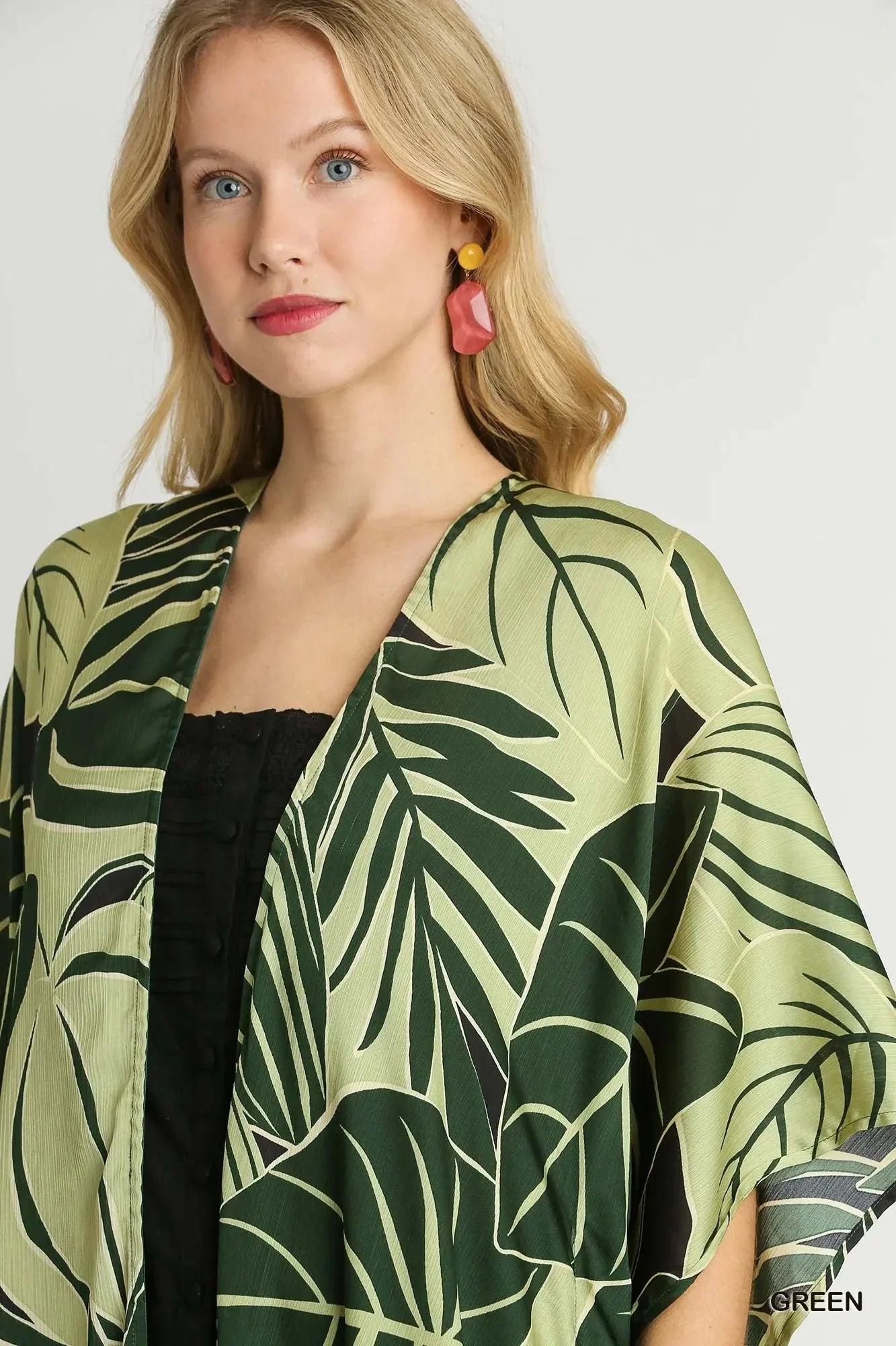 Umgee Satin Tropical Plant Print Open Front Kimono with Ruffle Details - VILLA FASHION