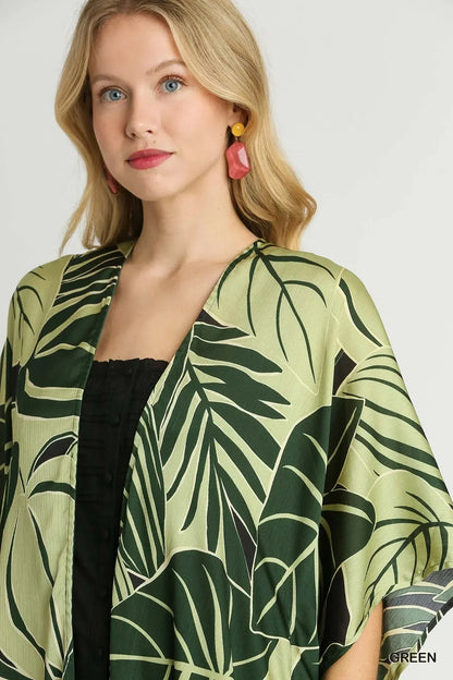 Umgee Satin Tropical Plant Print Open Front Kimono with Ruffle Details - VILLA FASHION