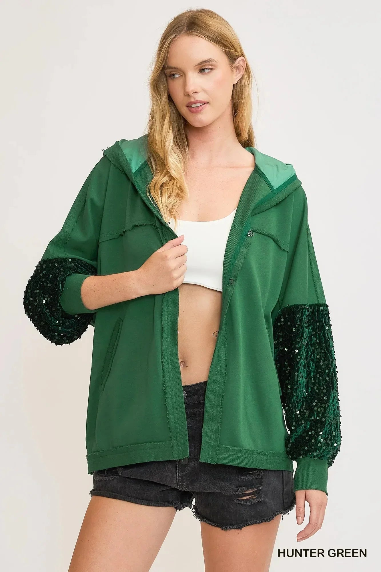 Umgee Sequined French Terry Jacket - VILLA FASHION